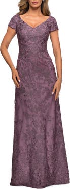 La Femme Lace Evening Gown with Cap Sleeves and V-Neck