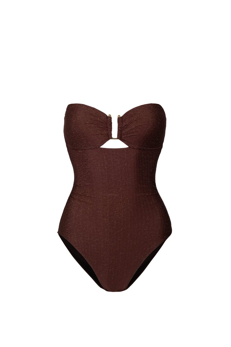 Juliette U-Bar Bandeau One-Piece Swimsuit, Alternate, color, Cacao/Gold Metallic