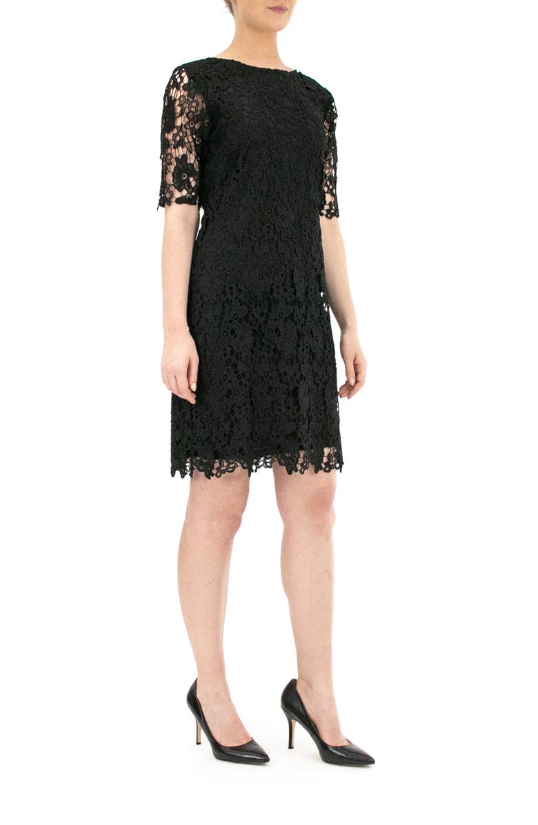 Nina Leonard Jewel Neck Lace Dress, Alternate, color, Black