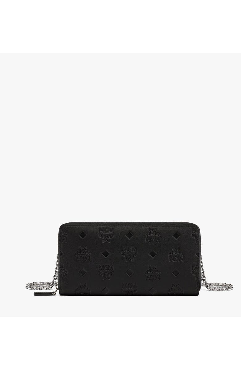 MCM Aren Chain Zip Around Wallet in Embossed Monogram Leather, Main, color, Black