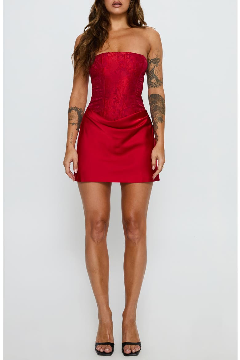 Jenevieve Strapless Drape Satin Minidress, Main, color, RED