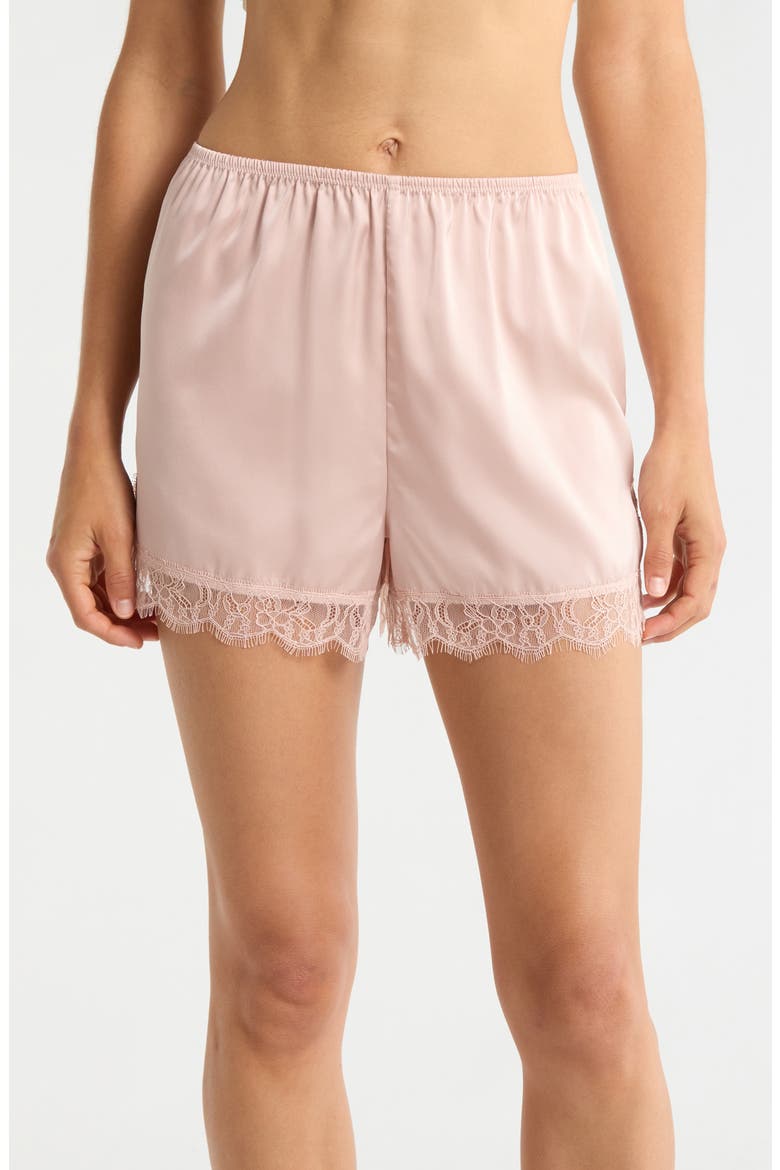 Scalloped Lace Trim Satin Tap Shorts, Main, color, PINK SEPIA