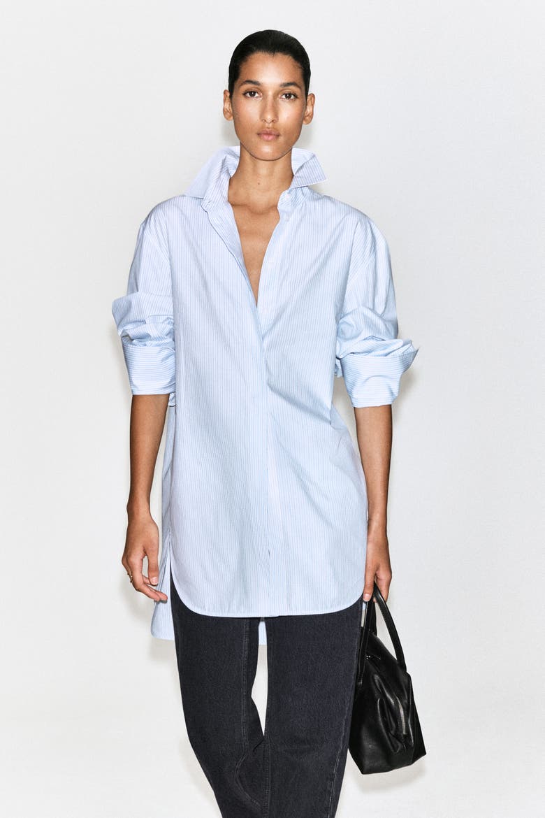Cutaway-Collar Striped Cotton-Blend Shirt, Main, color, BLUE / WHITE / STRIPED