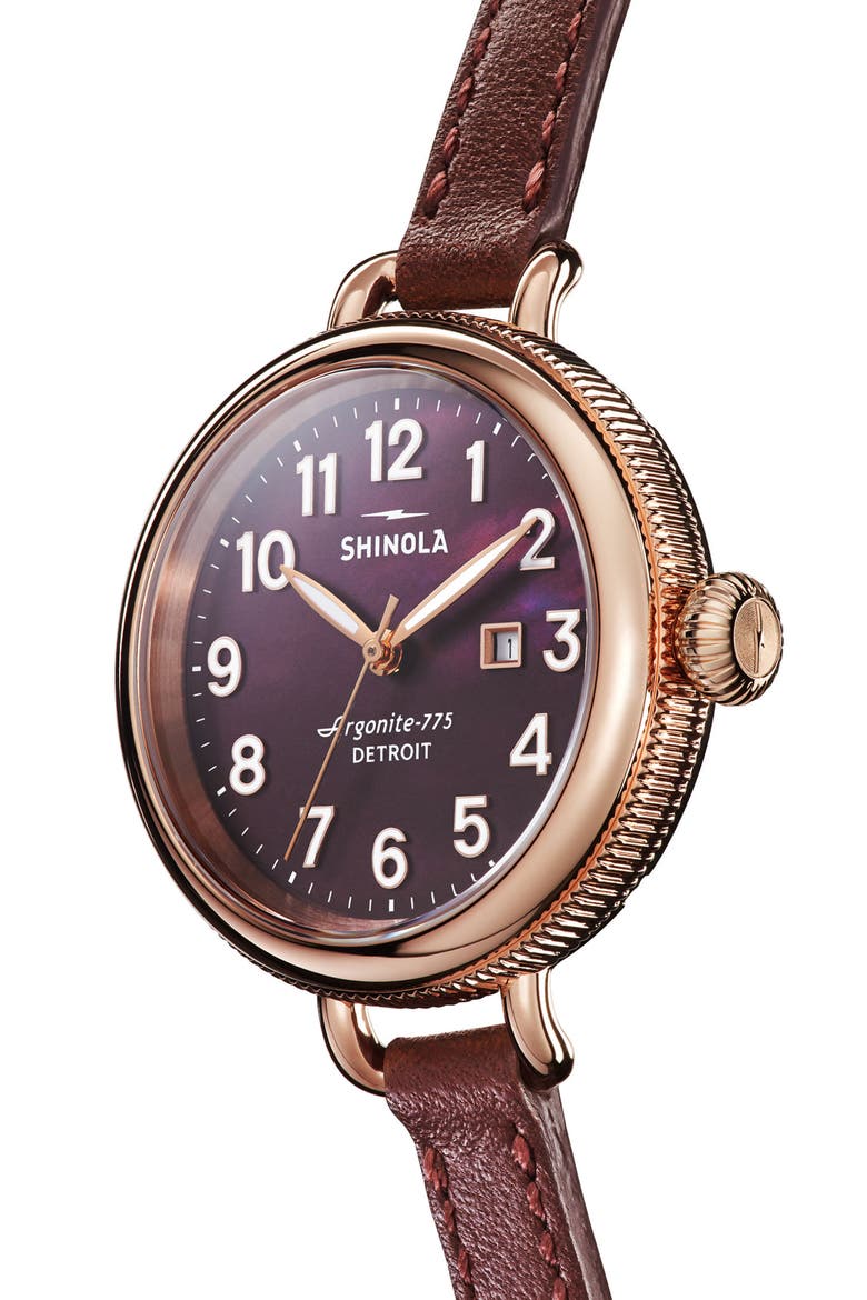 The Birdy Leather Strap Watch, 34mm, Alternate, color, BURGUNDY/ GOLD