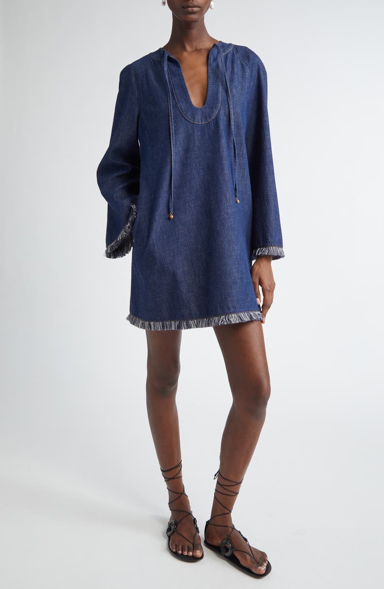 Zimmermann Rhiannon Long Sleeve Fringe Trim Denim Minidress, Main, color, Atlantic