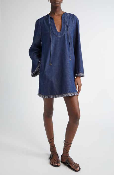Zimmermann Rhiannon Long Sleeve Fringe Trim Denim Minidress