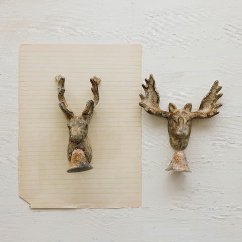 Distressed Iron Deer Head Wall Decor with Rustic Bell