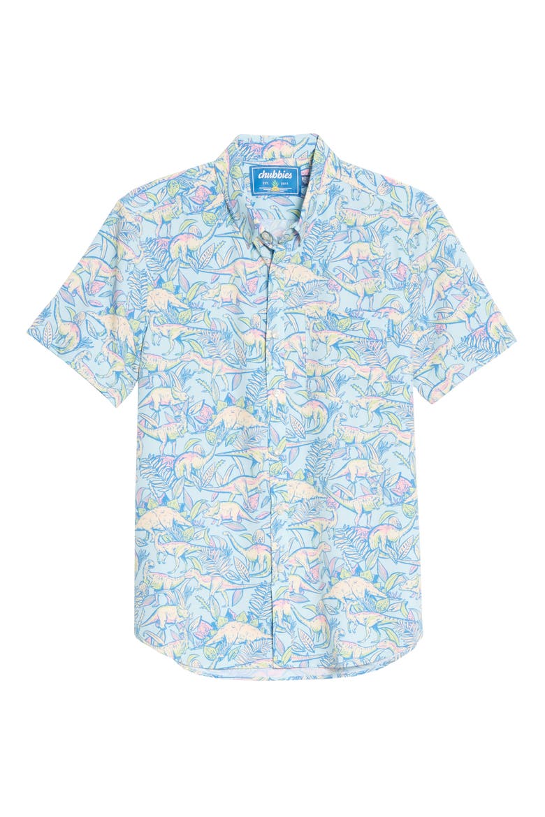 The Triceratop Short Sleeve Button-Down Shirt, Main, color, TURQUOISE/ AQUA
