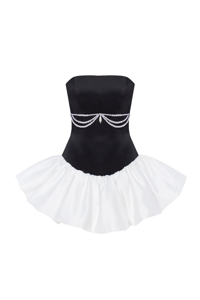 Strapless Corset Formal Mini Dress with Pearl Chain in Black & White, Alternate, color, Black