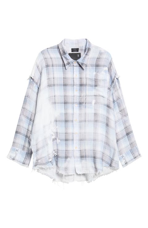 Shredded Seam Drop Neck Plaid Flannel Button-Up Shirt
