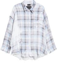 R13 Shredded Seam Drop Neck Plaid Flannel Button-Up Shirt