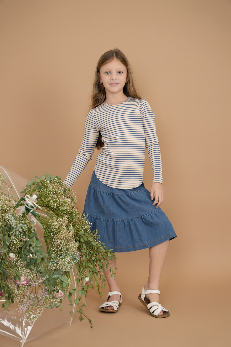 Tiered Denim Short Skirt with Covered Elastic Waistband, Alternate, color, Medium Denim