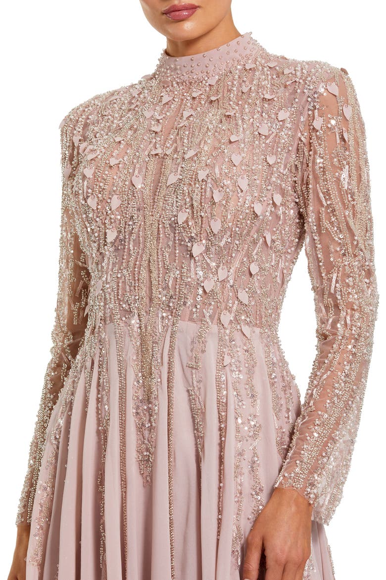 Long Sleeve High Neck Embellished Satin Gown, Alternate, color, Dusty Rose
