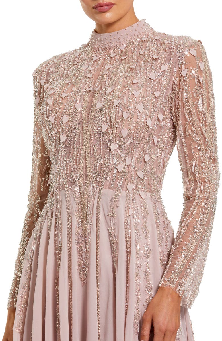 Mac Duggal Long Sleeve High Neck Embellished Satin Gown, Alternate, color, Dusty Rose
