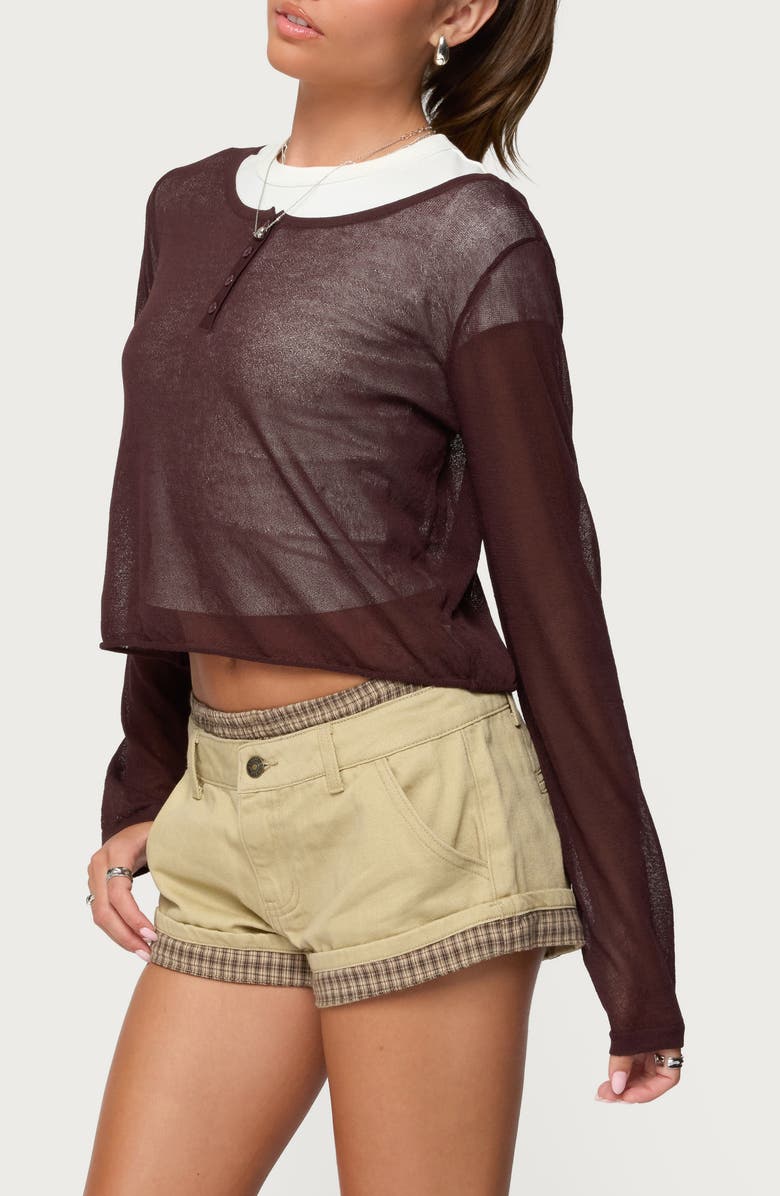 EDIKTED Kilian Sheer Knit Henley, Alternate, color, Brown