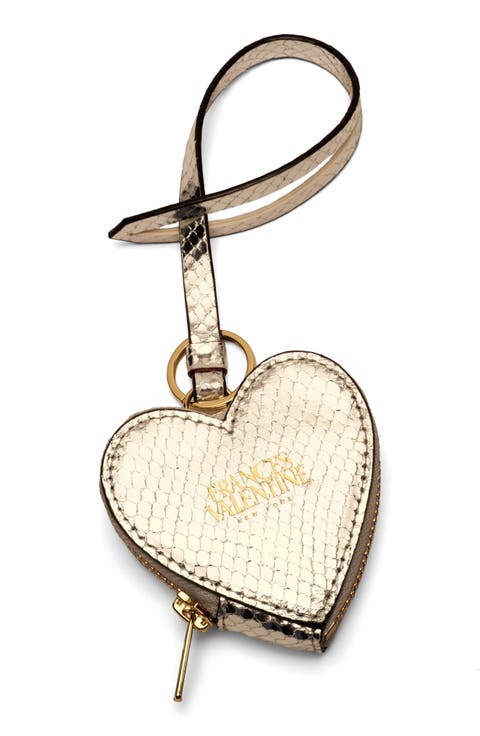 Heart Snakeskin Embossed Metallic Leather Key Chain Wristlet