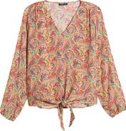 APNY Print V-Neck Tie Front Chiffon Top