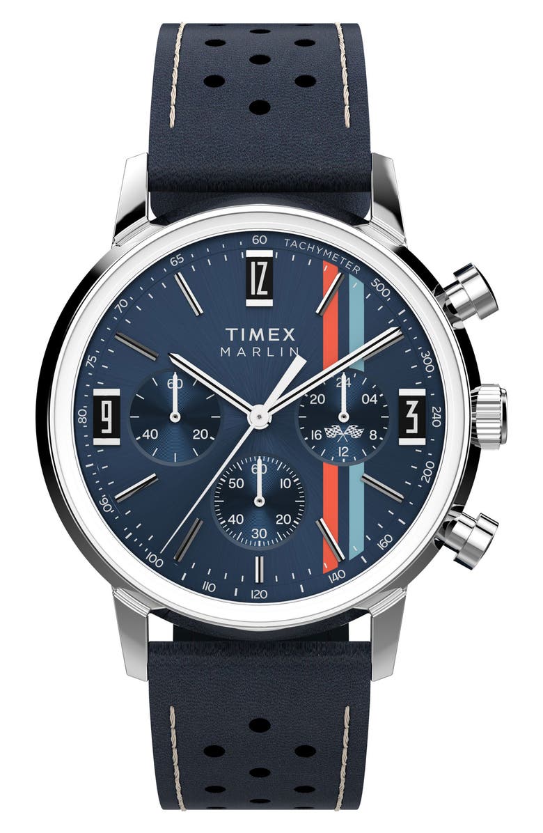 Timex<sup>®</sup> Marlin<sup>®</sup> Chronograph Leather Strap Watch, 40mm, Main, color, Blue
