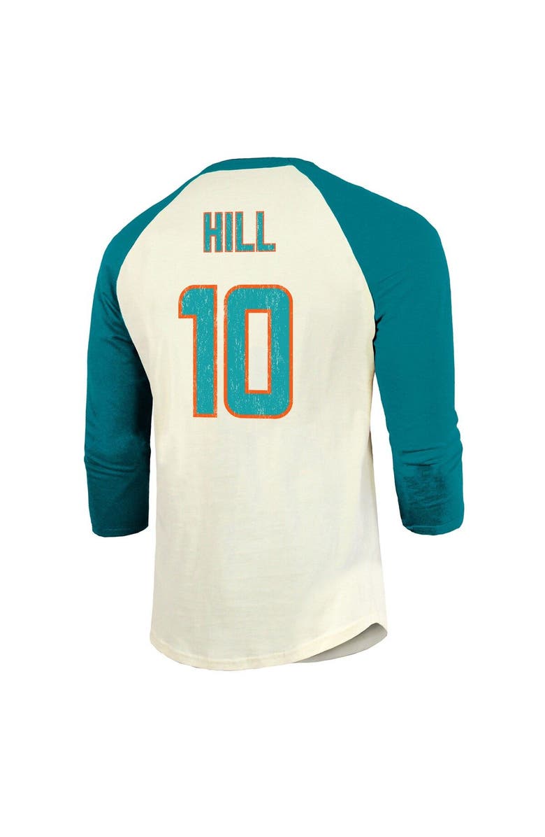 Majestic Threads Men's Majestic Threads Tyreek Hill Cream/Aqua Miami Dolphins Vintage Player Name & Number Raglan 3/4-Sleeve T-Shirt, Alternate, color, Cream