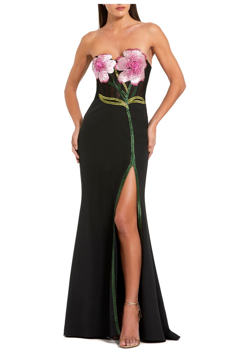 Mac Duggal Strapless Sheer Bustier Crystal Flower Gown, Main, color, Black