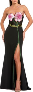 Mac Duggal Strapless Sheer Bustier Crystal Flower Gown