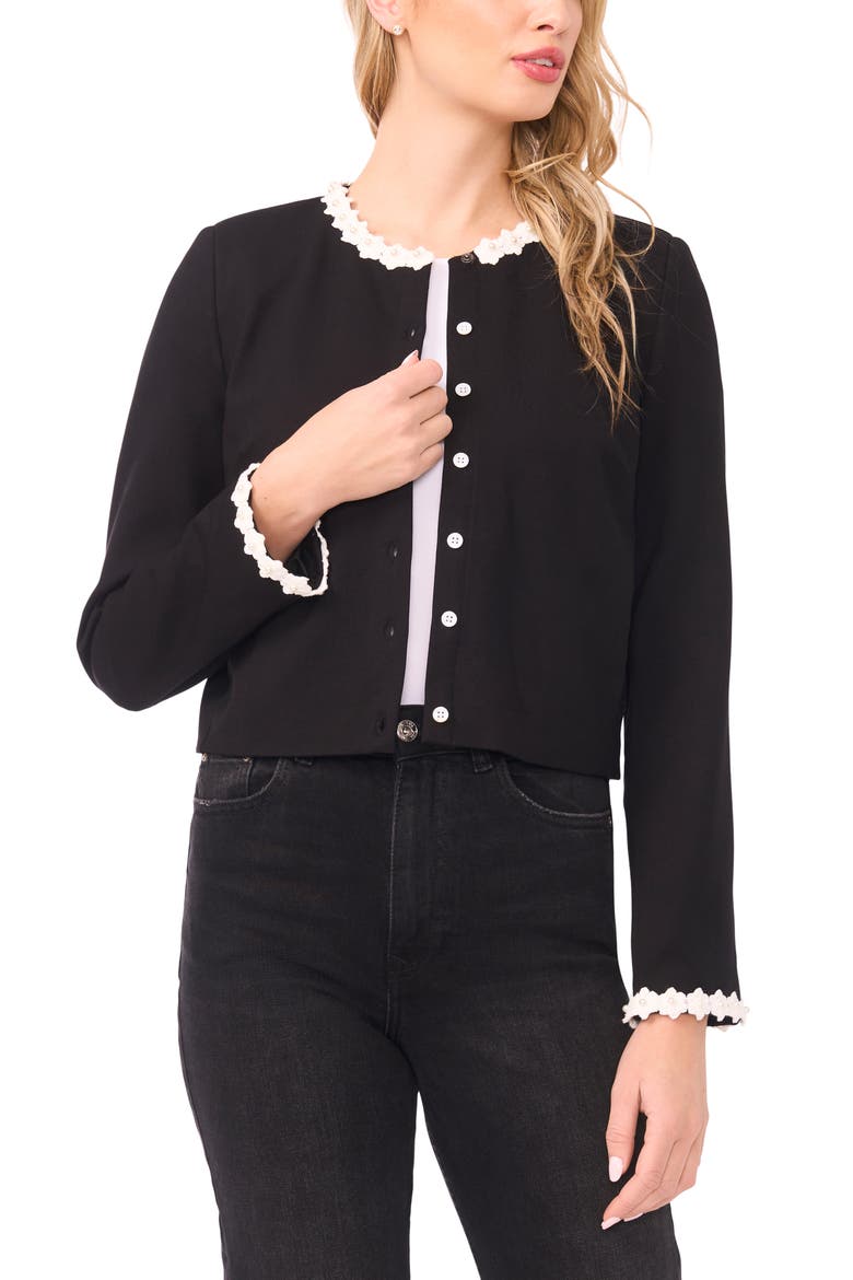 Faux Pearl Floral Trim Jacket, Main, color, RICH BLACK