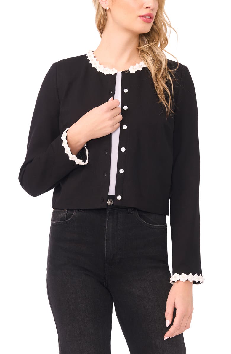 CeCe Faux Pearl Floral Trim Jacket, Main, color, Rich Black