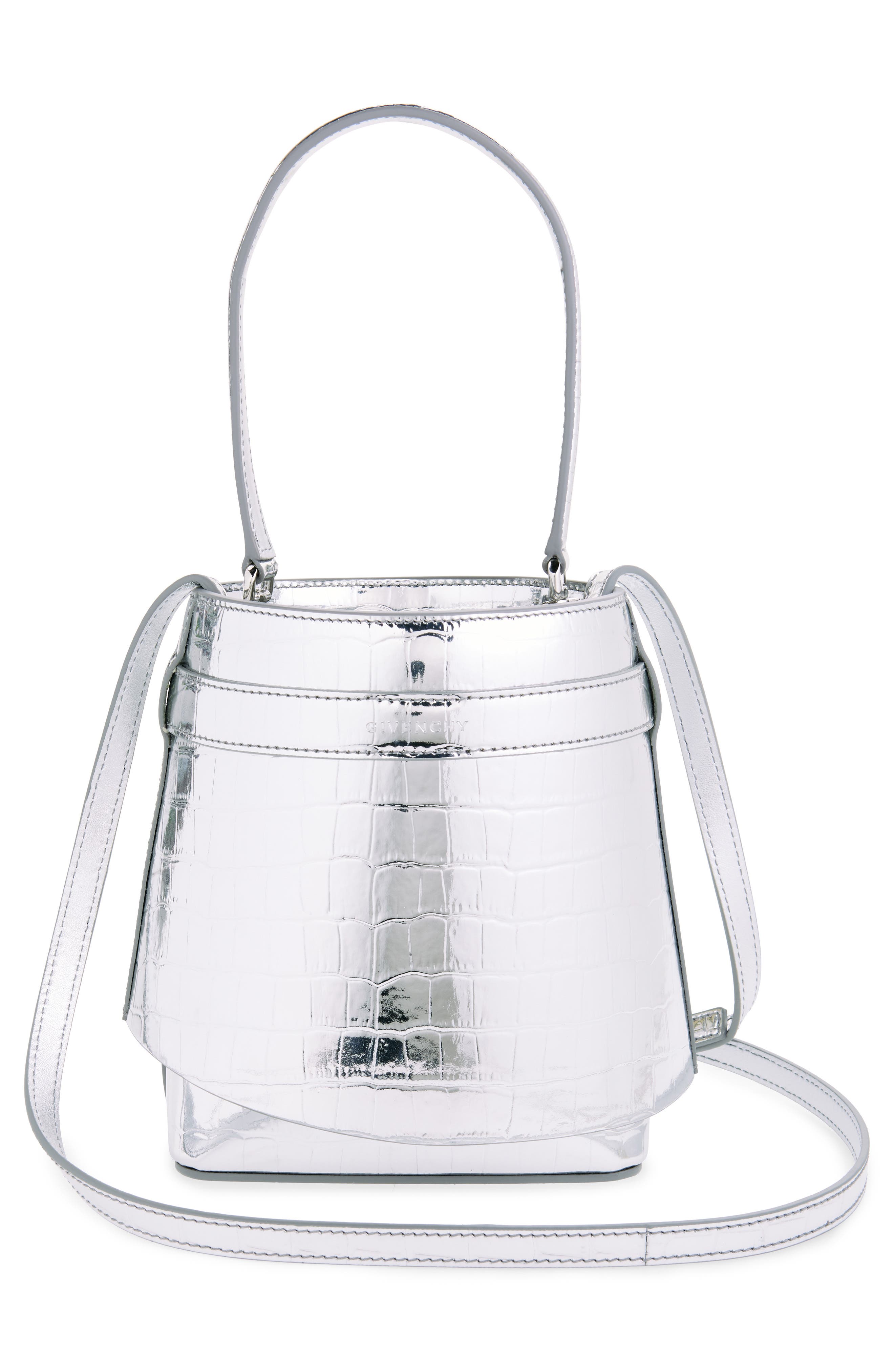 Shark Lock Metallic Croc Embossed Leather Bucket Bag, Alternate, color, LIGHT SILVERY
