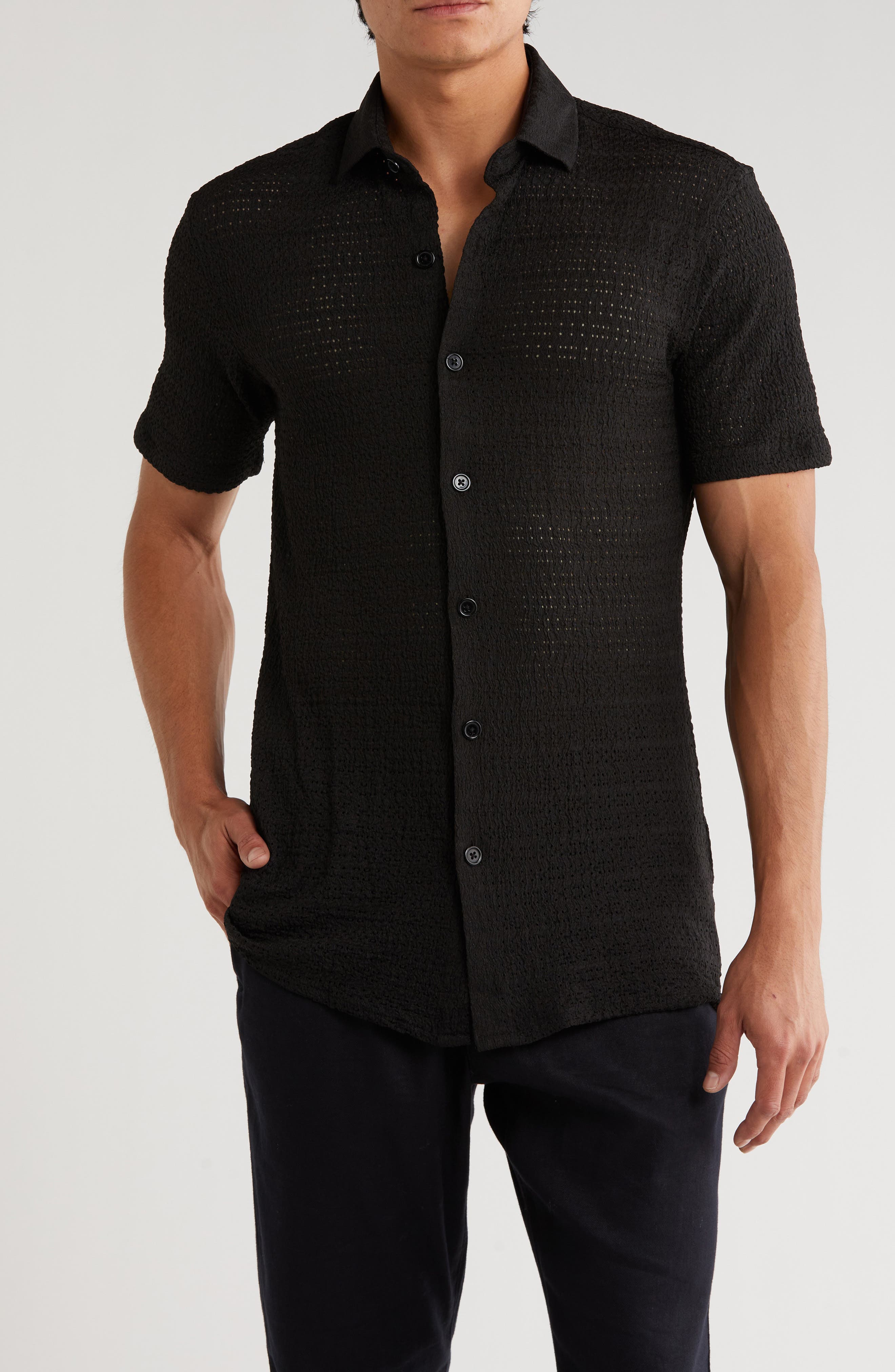 T.R. PREMIUM Textured Knit Short Sleeve Button-Up Shirt
