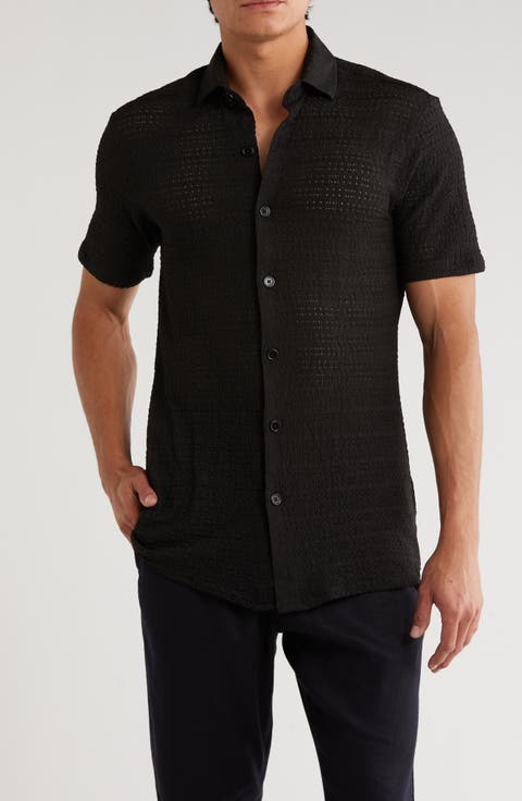 Textured Knit Short Sleeve Button-Up Shirt