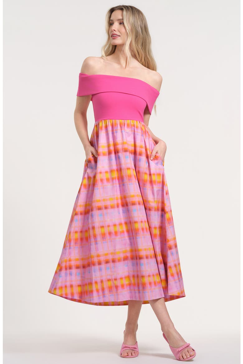 Off the Shoulder Midi Dress, Alternate, color, PINK MULTI