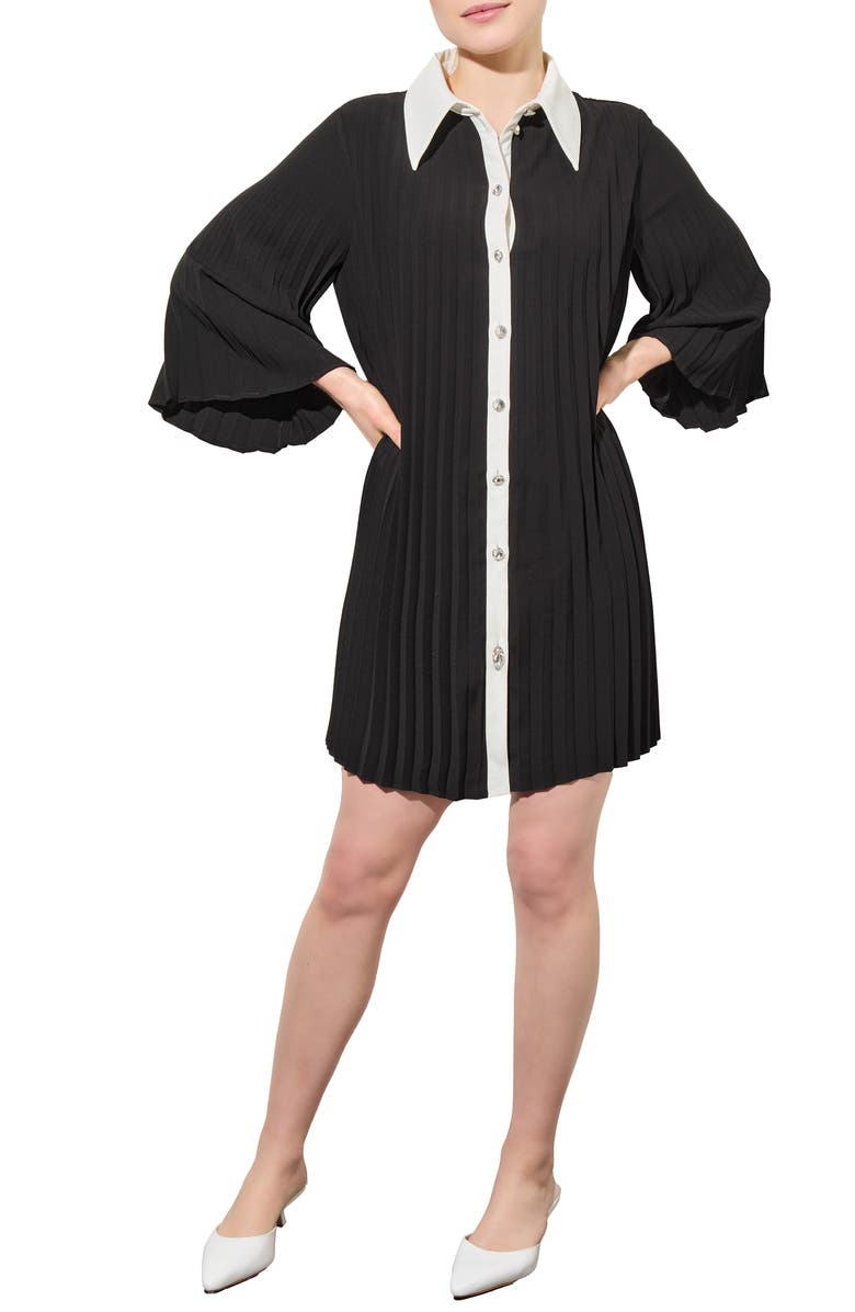 Ming Wang Pleated Mini Shirtdress, Main, color, Black/ White