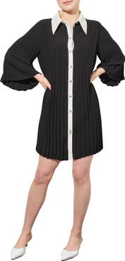 Ming Wang Pleated Mini Shirtdress