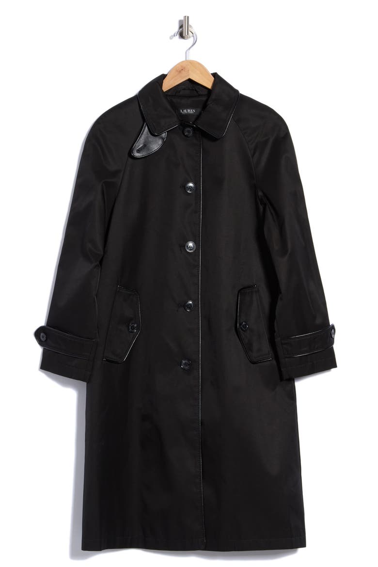Faux Leather Trim Balmacaan Rain Coat, Main, color, BLACK