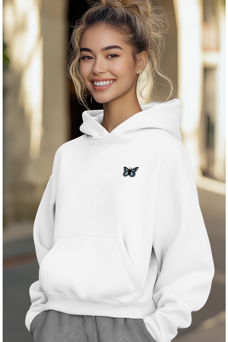 Womens Butterfly Midweight Fleece Relaxed Hooded Sweatshirt, Alternate, color, White