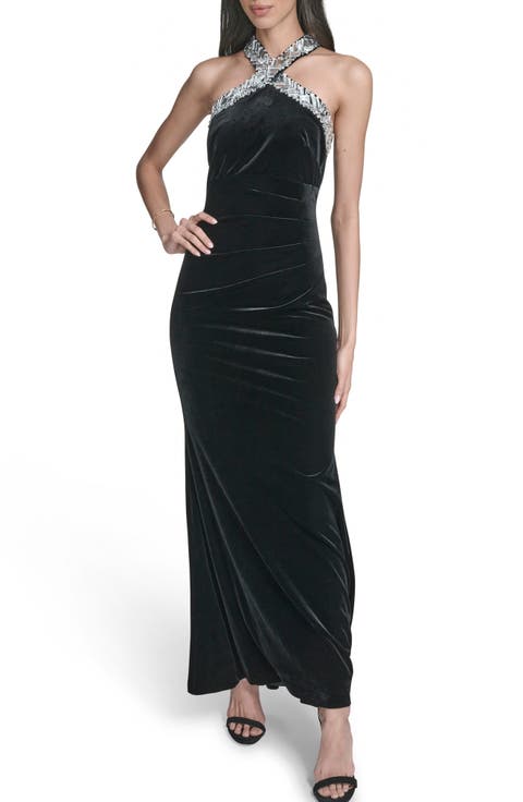 Rhinestone Detail Velvet Sheath Gown