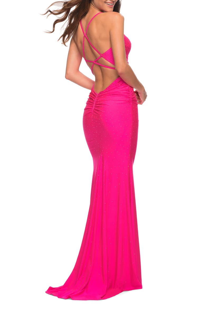 Sparkle Rhinestone Long Jersey Prom Dress in Neon Pink, Alternate, color, Neon Pink