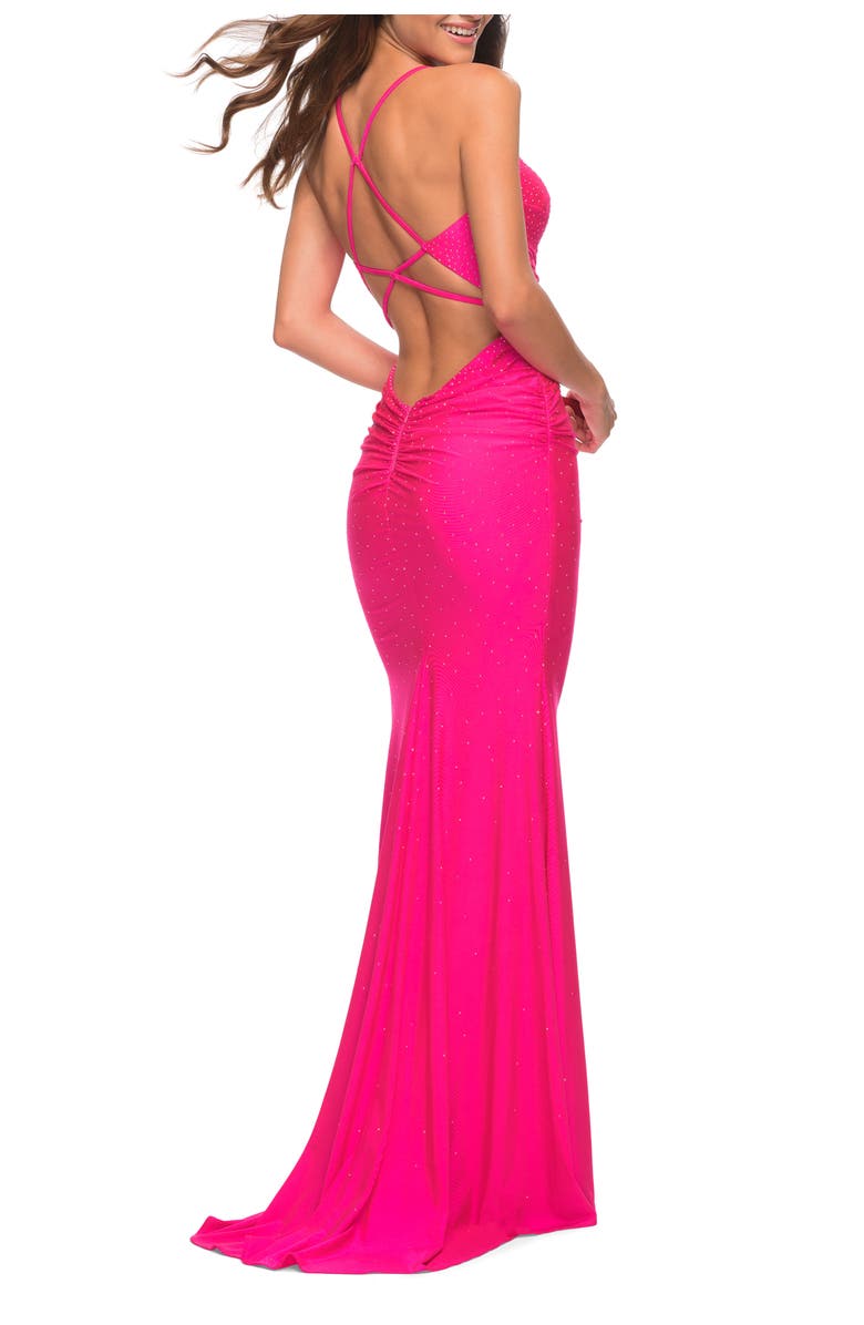 La Femme Sparkle Rhinestone Long Jersey Prom Dress in Neon Pink, Alternate, color, Neon Pink