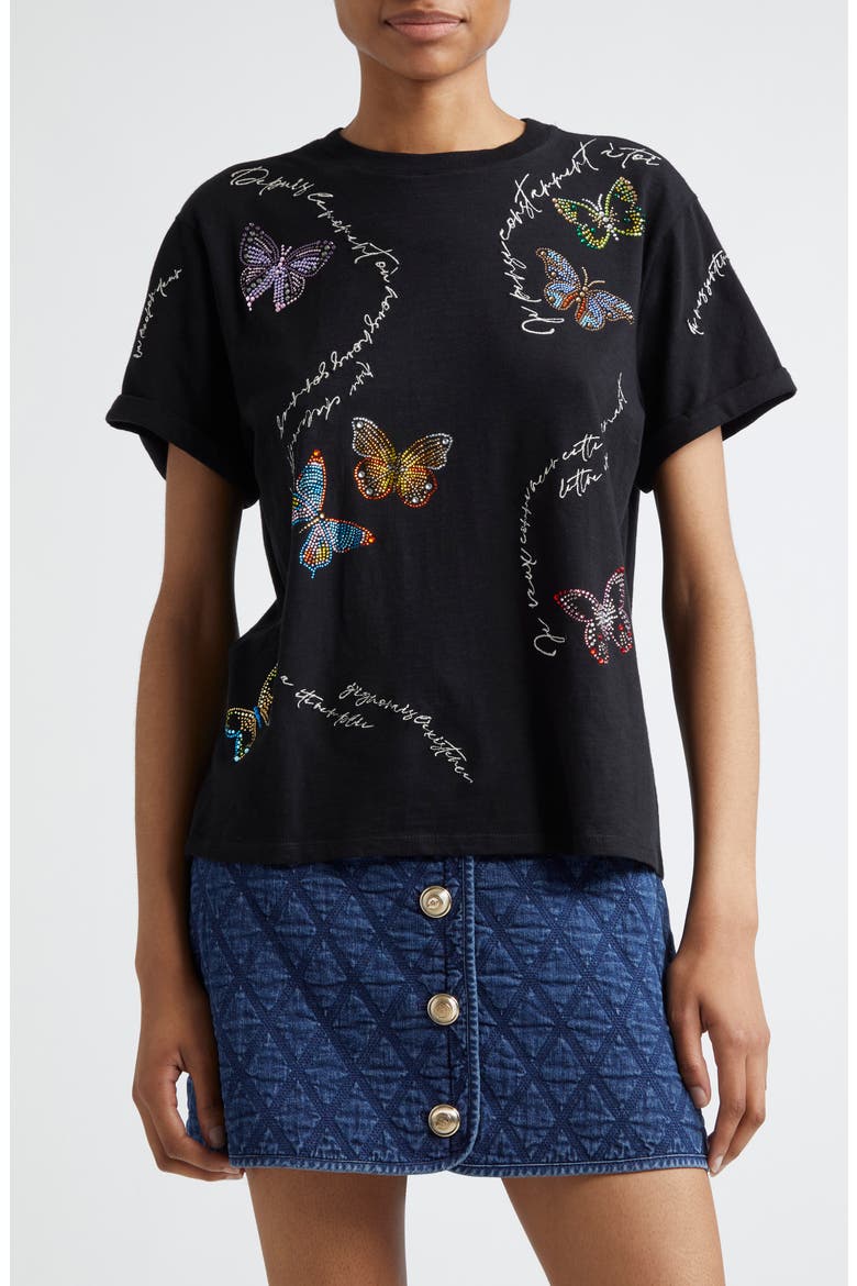 Butterfly Love Letter Embellished Cotton Graphic T-Shirt, Main, color, BLACK MULTI