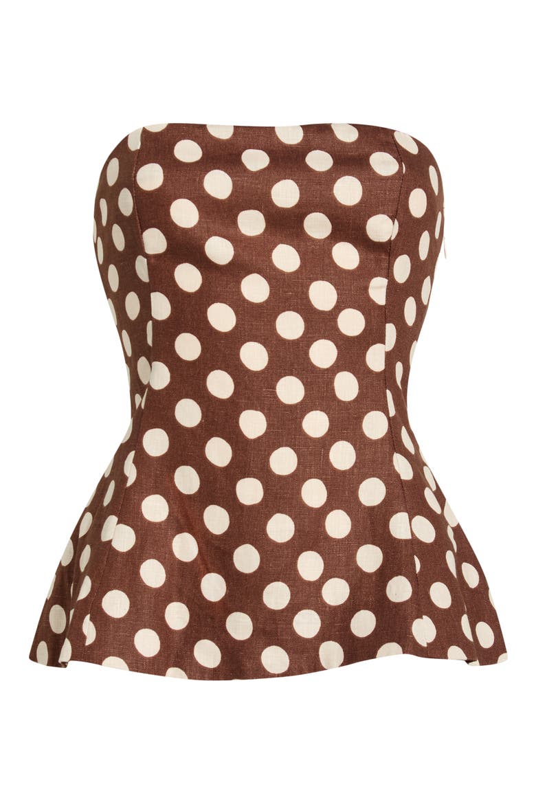 Petro Polka Dot Strapless Linen Peplum Top, Alternate, color, CIOCCOLATO DOT