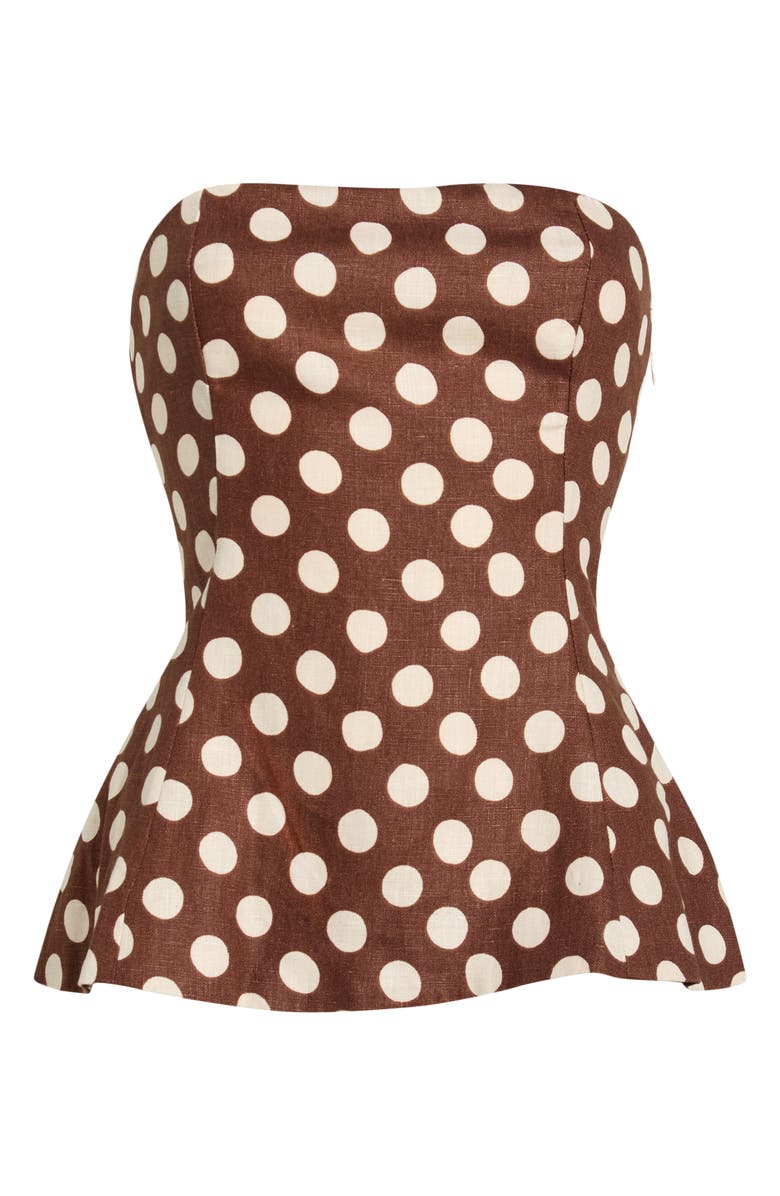 Faithfull the Brand Petro Polka Dot Strapless Linen Peplum Top, Main, color, Cioccolato Dot