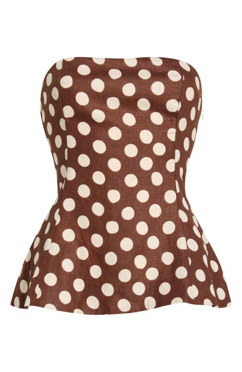Petro Polka Dot Strapless Linen Peplum Top