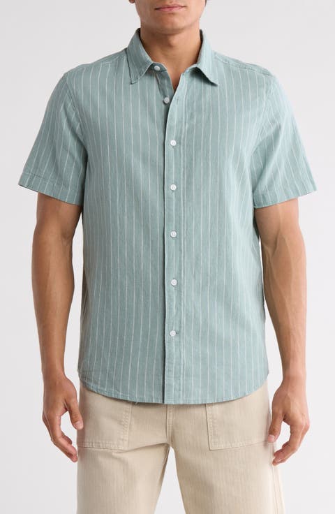 Short Sleeve Yarn Dyed Stripe Linen & Cotton Button-Up Shirt