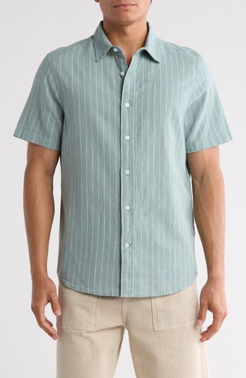 14th & Union Short Sleeve Yarn Dyed Stripe Linen & Cotton Button-up Shirt