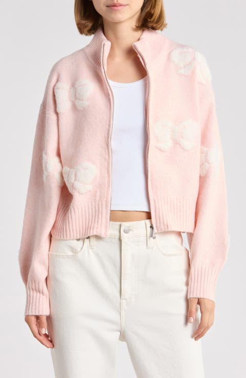 Bow Jacquard Zip Front Cardigan