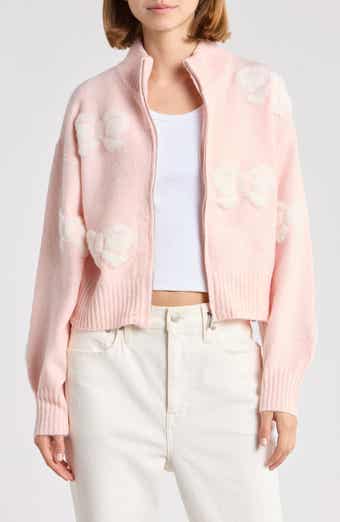Bow Jacquard Zip Front Cardigan