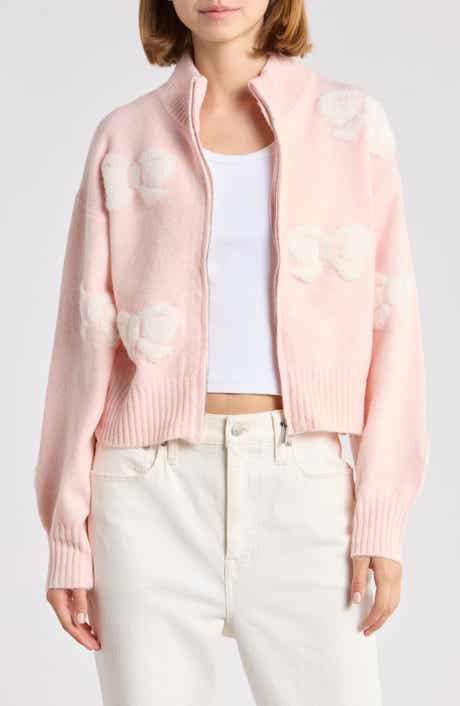 Bow Jacquard Zip Front Cardigan