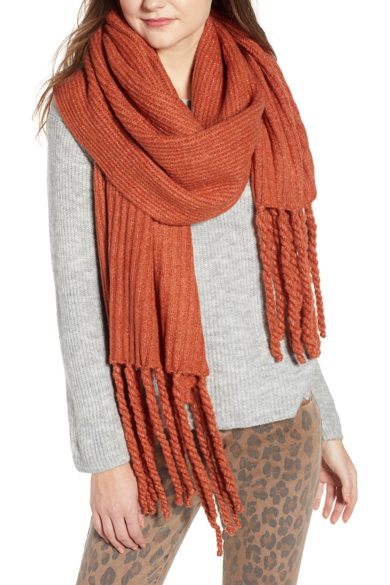 Jaden Rib Knit Blanket Scarf, Alternate, color, TERRACOTTA