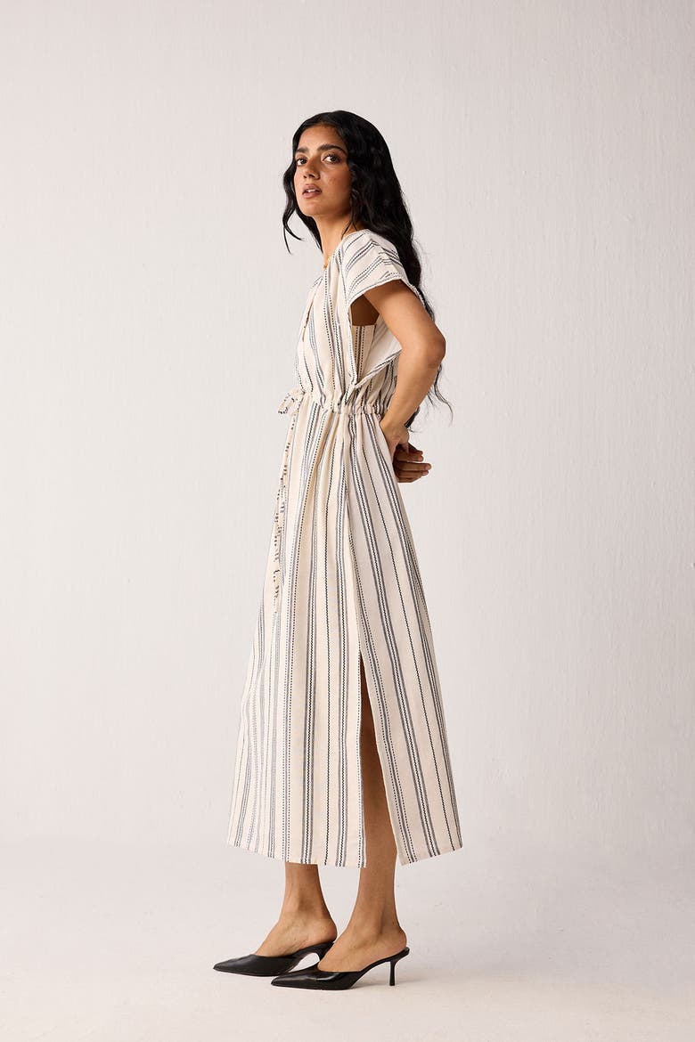 Maxi Gathered Dress with Side Slits in Stripes, Alternate, color, Linear Canvas