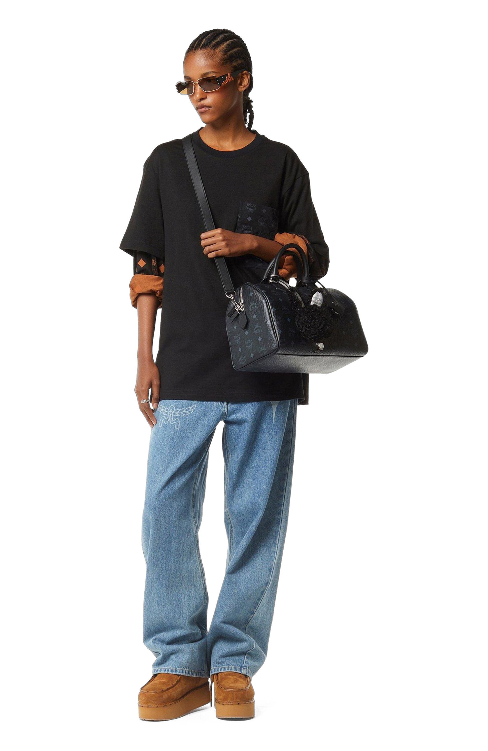 MCM Medium Ella Boston Bag in Visetos, Alternate, color, Black